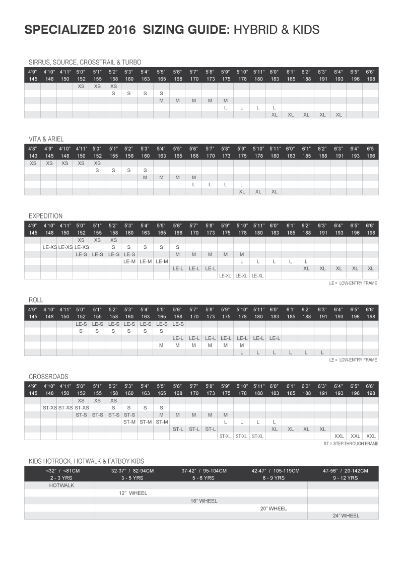 2016 Specialized Sizing Chart