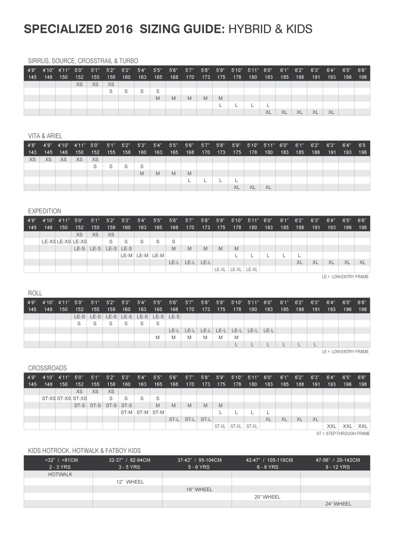 specialized bike size chart 2019