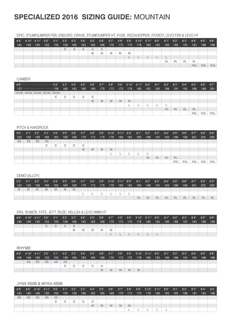 specialized tarmac sl6 size chart